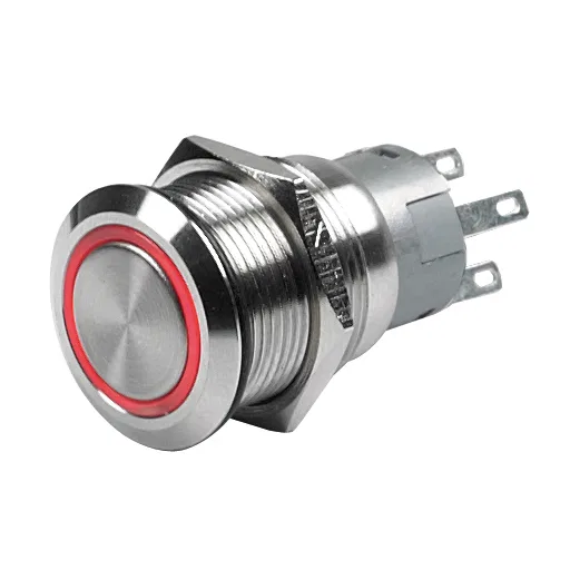 80-511-0001-01 – BEP Push Button Switch, On/ Off Switch 5 Amp 12 Volt Panel Mount With Red LED Ring Stainless Steel